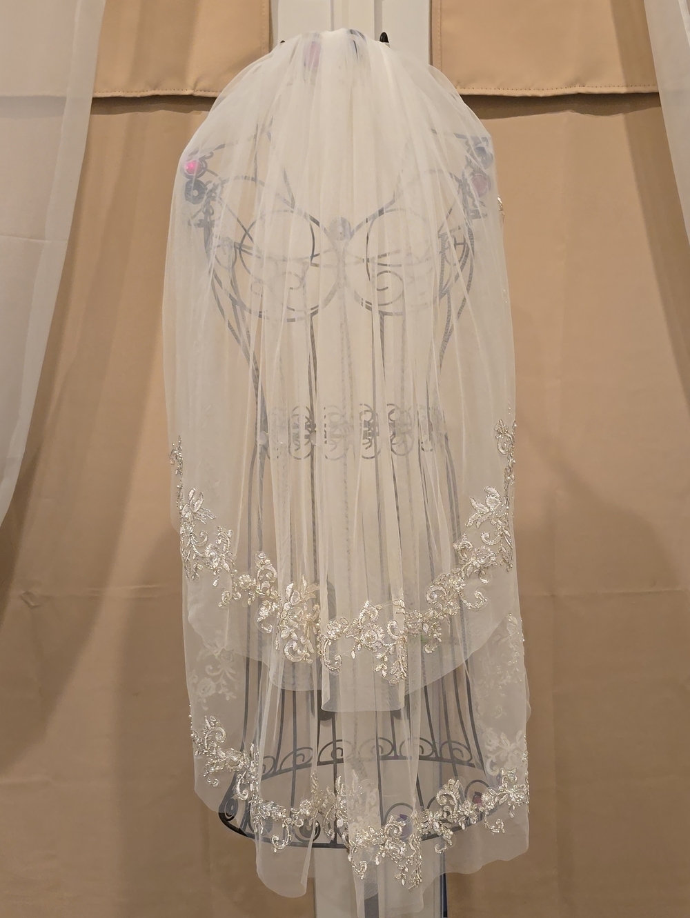 Bridal Veil with Silver Embroidered Lace Trim - Ivory